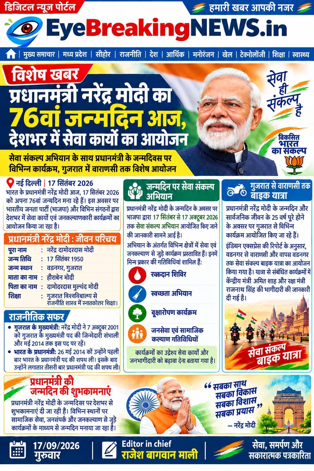 प्रधानमंत्री नरेंद्र मोदी का 76वां जन्मदिन आज, देशभर में सेवा कार्यों का आयोजन सेवा संकल्प अभियान के साथ